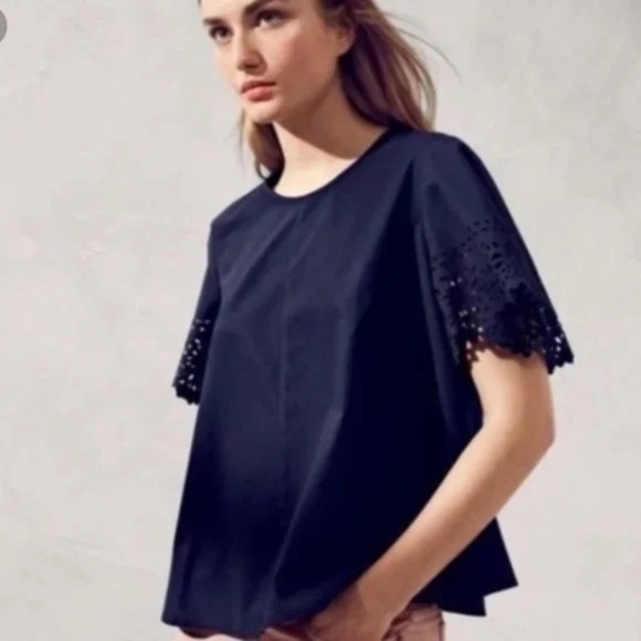 J Crew navy blue floral sleeve top - Picture 1 of 5